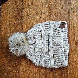 C.C Solid Ribbed Knit Faux Fur Pom Beanie
